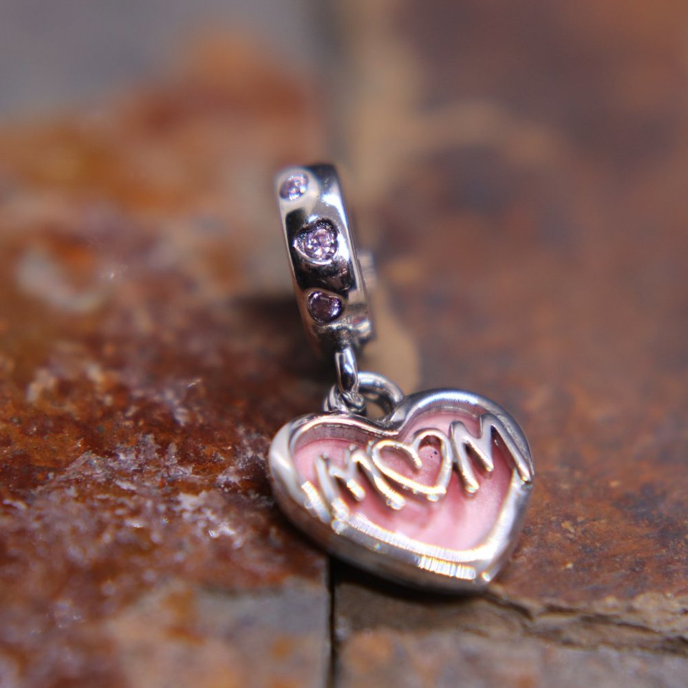 Pink Heart Mom Dangle Bracelet Charm - S925 Sterling Silver Fits Pandora